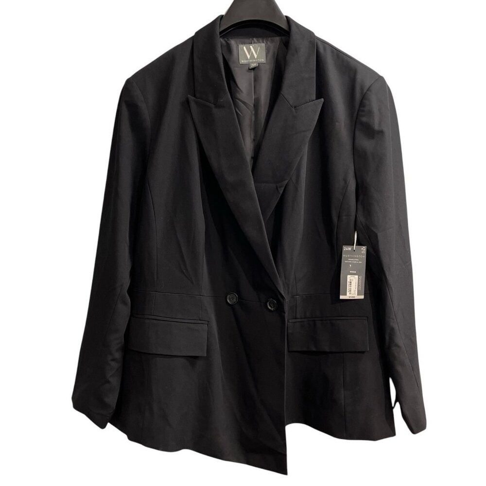 Worthington Black Double Breasted Blazer Jacket 24W Wrinkle Free Peak Lapel New